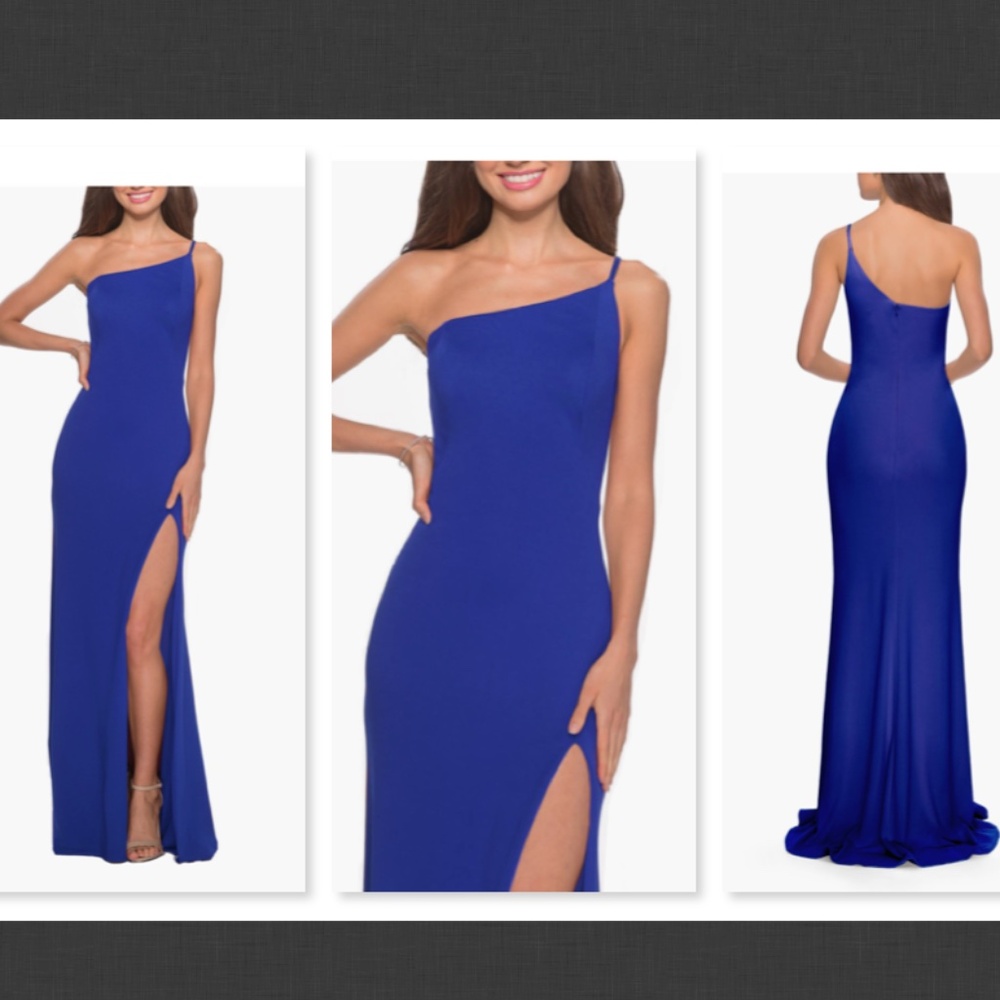 NEW La Femme Royal Blue One-Shoulder Jersey Gown Size 0